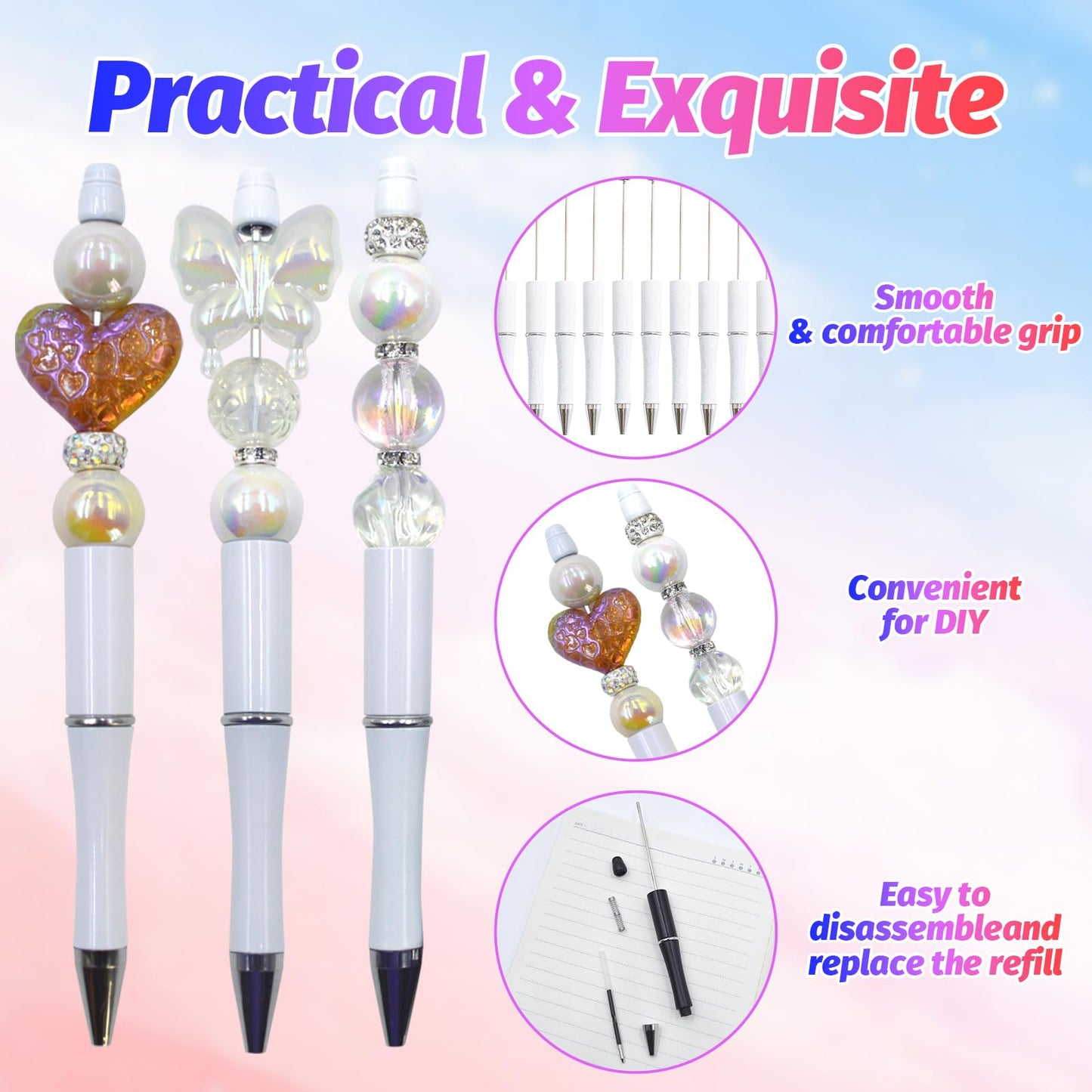 DIY Beadable Pen Kit - Complete Set (50 Pens + Refills) - Multicolor Craft Supplies