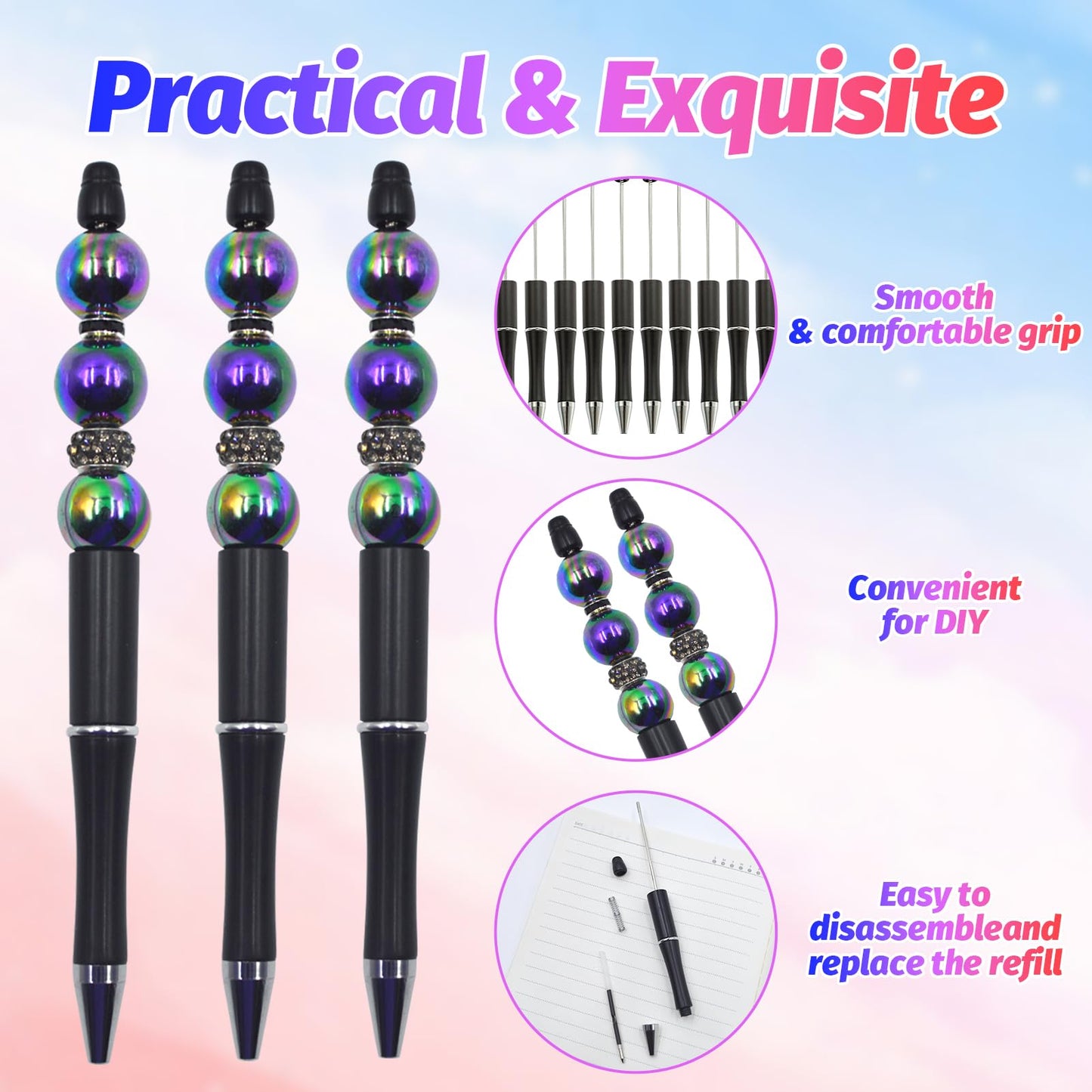 DIY Beadable Pen Kit - Complete Set (50 Pens + Refills) - Multicolor Craft Supplies