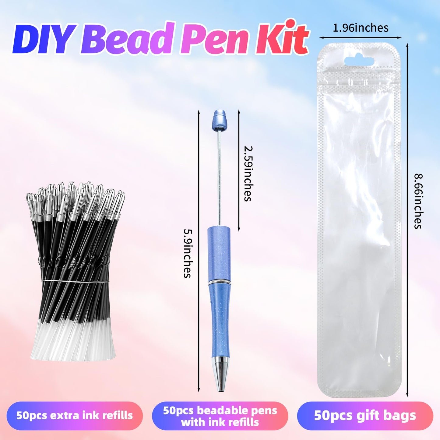 DIY Beadable Pen Kit - Complete Set (50 Pens + Refills) - Multicolor Craft Supplies