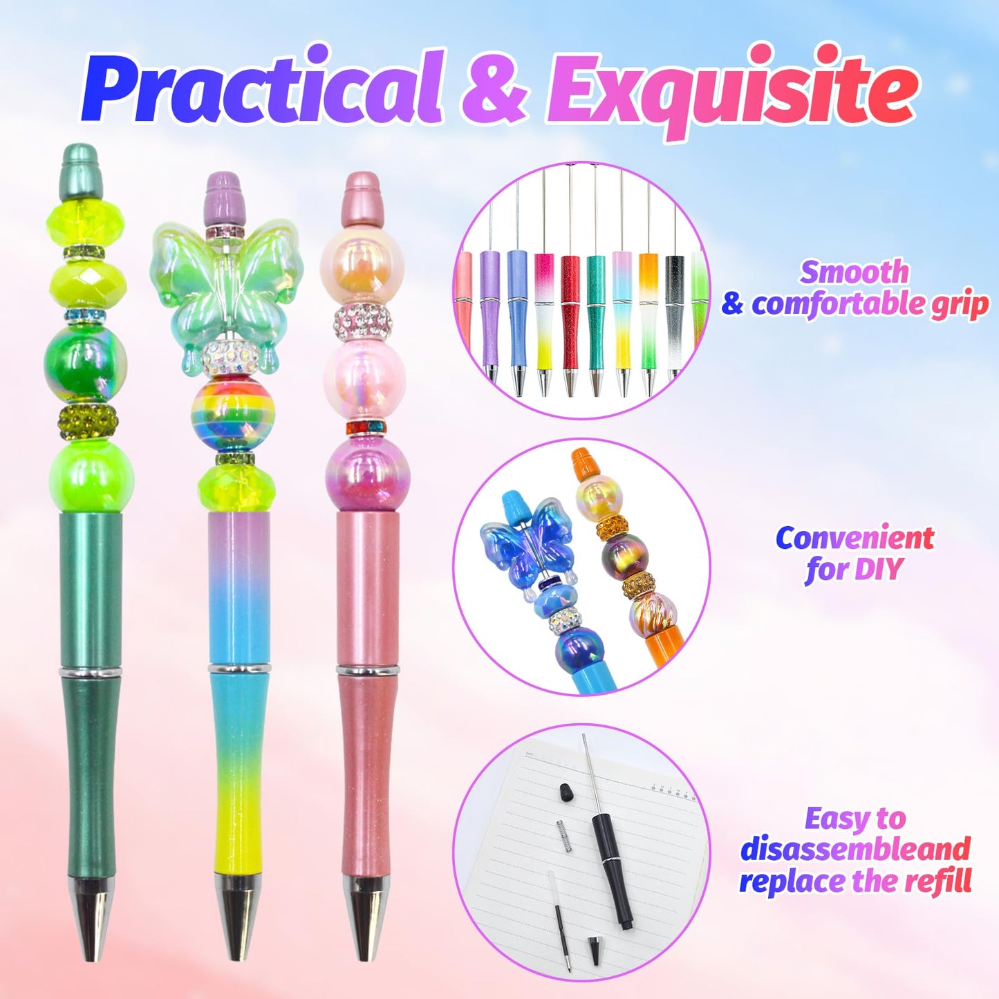 DIY Beadable Pen Kit - Complete Set (50 Pens + Refills) - Multicolor Craft Supplies