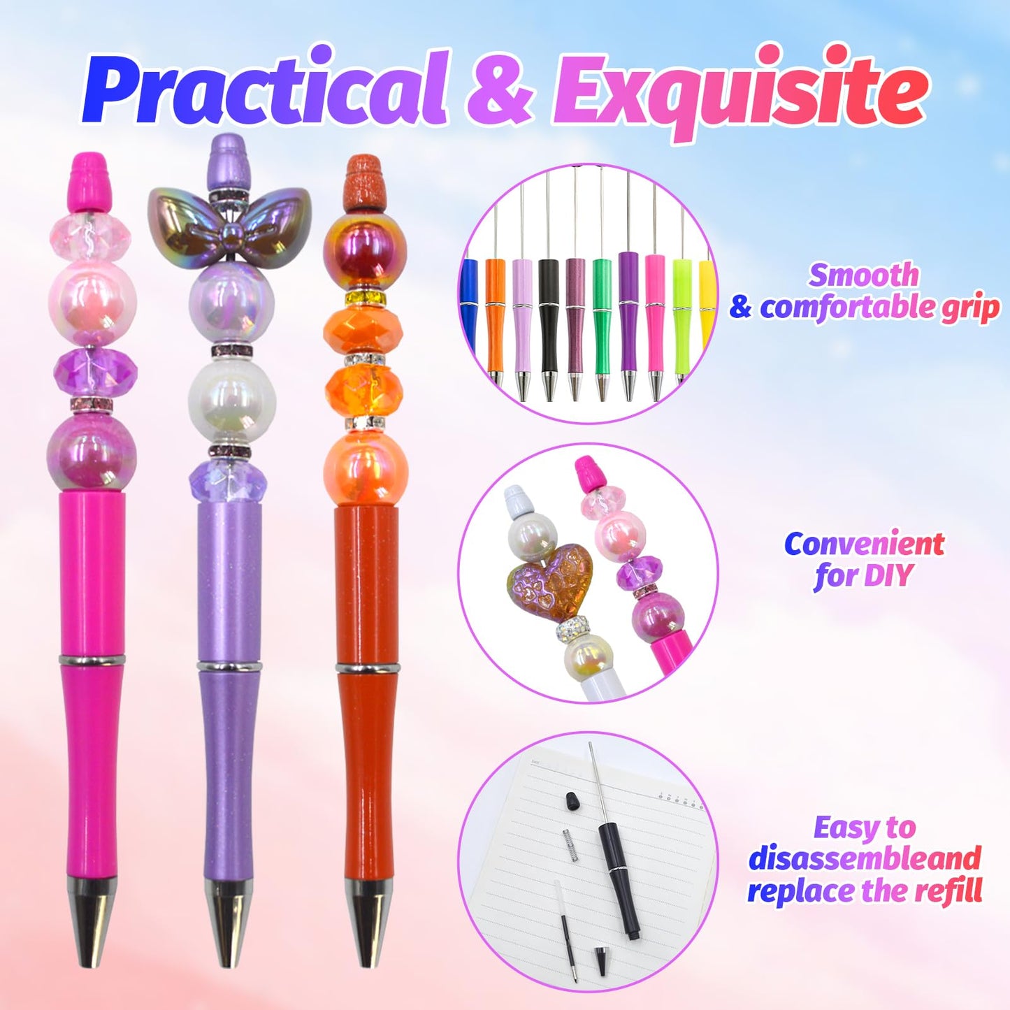 DIY Beadable Pen Kit - Complete Set (50 Pens + Refills) - Multicolor Craft Supplies