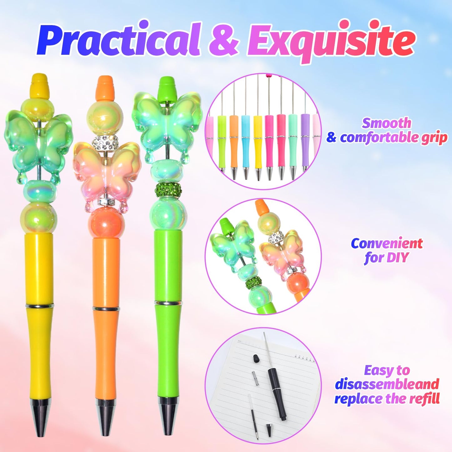 DIY Beadable Pen Kit - Complete Set (50 Pens + Refills) - Multicolor Craft Supplies